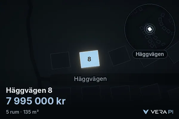 VERA PI's image of Häggvägen 8: the building in 3D, lit in blue, and the map around it