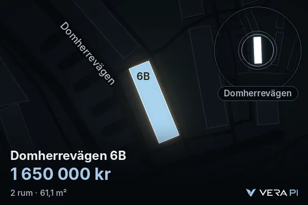 VERA PI's image of Domherrevägen 6B: the building in 3D, lit in blue, and the map around it