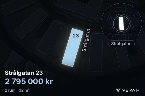 VERA PI:s bild av Strålgatan 23: huset i 3D, upplyst i blått, och kartan runt omkring