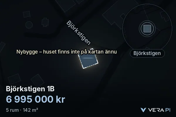 VERA PI's image of Björkstigen 1B: the building in 3D, lit in blue, and the map around it
