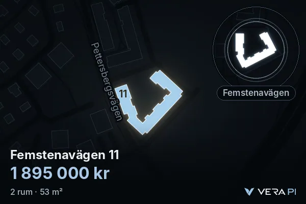 VERA PI:s bild av Femstenavägen 11: huset i 3D, upplyst i blått, och kartan runt omkring