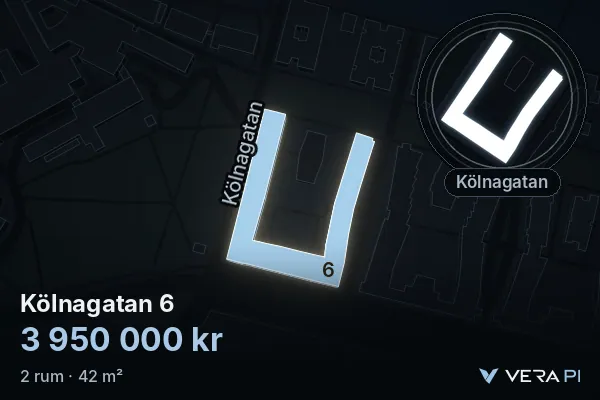 VERA PI:s bild av Kölnagatan 6: huset i 3D, upplyst i blått, och kartan runt omkring