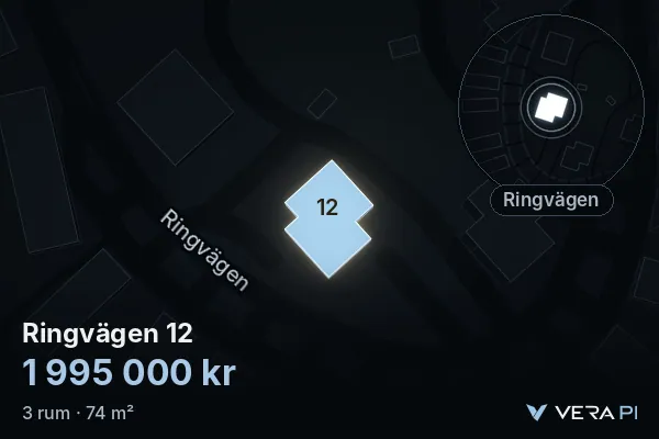 VERA PI:s bild av Ringvägen 12: huset i 3D, upplyst i blått, och kartan runt omkring
