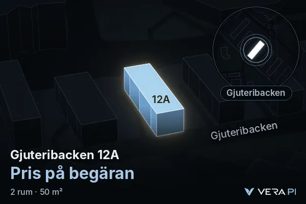 VERA PI's image of Gjuteribacken 12A: the building in 3D, lit in blue, and the map around it