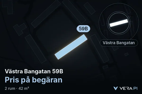 VERA PI's image of Västra Bangatan 59B: the building in 3D, lit in blue, and the map around it