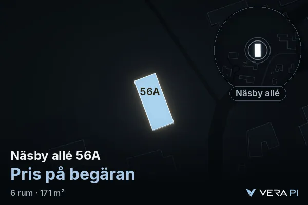 VERA PI's image of Näsby allé 56A: the building in 3D, lit in blue, and the map around it