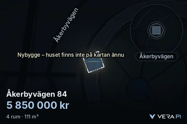 VERA PI:s bild av Åkerbyvägen 84: huset i 3D, upplyst i blått, och kartan runt omkring
