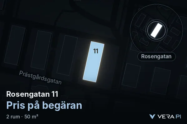 VERA PI:s bild av Rosengatan 11: huset i 3D, upplyst i blått, och kartan runt omkring