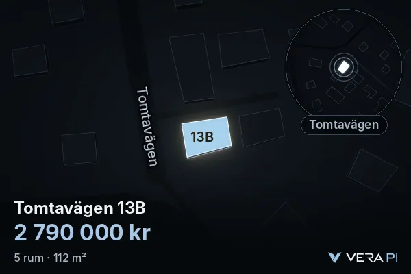 VERA PI's image of Tomtavägen 13B: the building in 3D, lit in blue, and the map around it