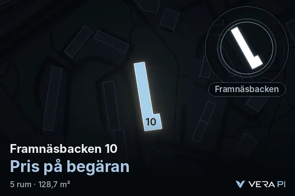 VERA PI's image of Framnäsbacken 10: the building in 3D, lit in blue, and the map around it