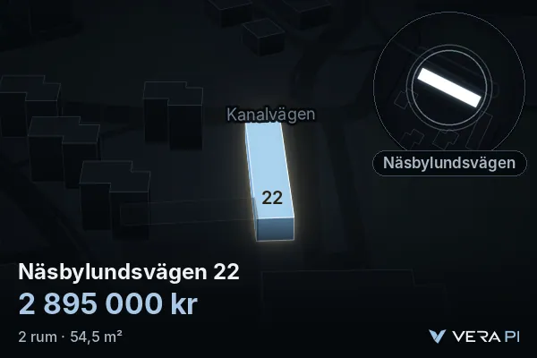 VERA PI's image of Näsbylundsvägen 22: the building in 3D, lit in blue, and the map around it