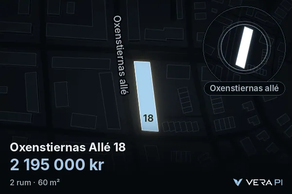 VERA PI:s bild av Oxenstiernas Allé 18: huset i 3D, upplyst i blått, och kartan runt omkring