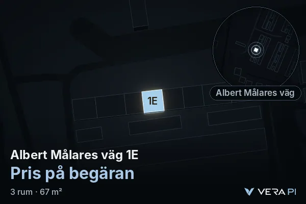 VERA PI's image of Albert Målares väg 1E: the building in 3D, lit in blue, and the map around it