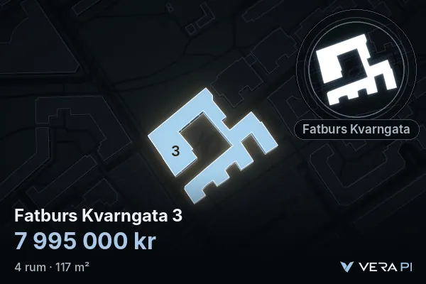 VERA PI:s bild av Fatburs Kvarngata 3: huset i 3D, upplyst i blått, och kartan runt omkring