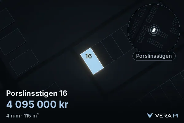 VERA PI:s bild av Porslinsstigen 16: huset i 3D, upplyst i blått, och kartan runt omkring