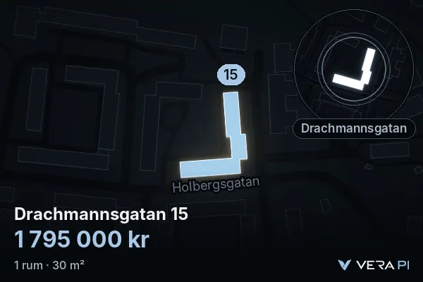 VERA PI:s bild av Drachmannsgatan 15: huset i 3D, upplyst i blått, och kartan runt omkring