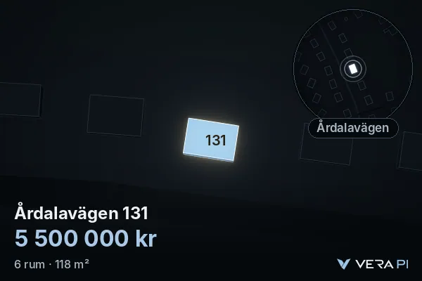 VERA PI:s bild av Årdalavägen 131: huset i 3D, upplyst i blått, och kartan runt omkring