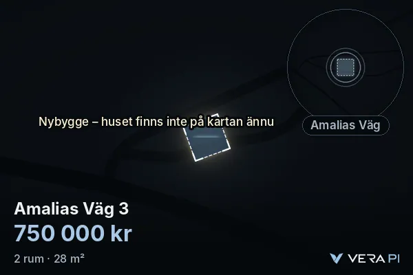 VERA PI's image of Amalias Väg 3: the building in 3D, lit in blue, and the map around it