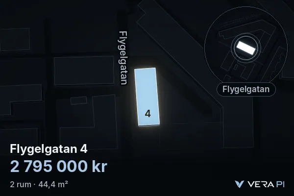 VERA PI:s bild av Flygelgatan 4: huset i 3D, upplyst i blått, och kartan runt omkring