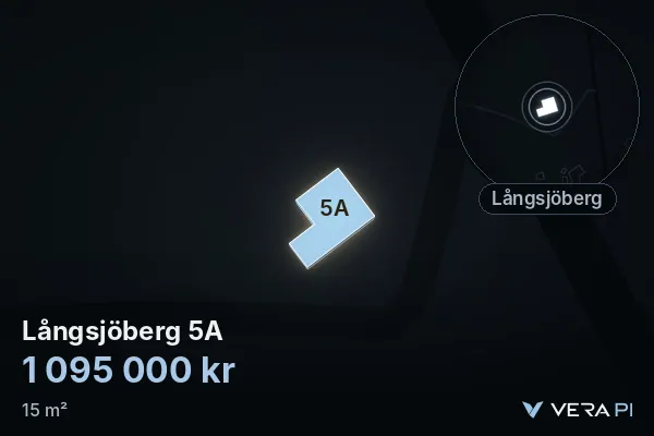 VERA PI:s bild av Långsjöberg 5A: huset i 3D, upplyst i blått, och kartan runt omkring