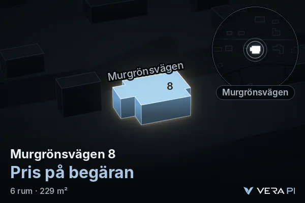 VERA PI:s bild av Murgrönsvägen 8: huset i 3D, upplyst i blått, och kartan runt omkring