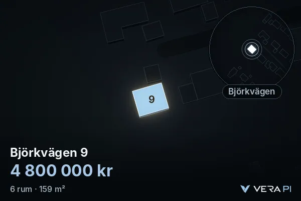 VERA PI:s bild av Björkvägen 9: huset i 3D, upplyst i blått, och kartan runt omkring