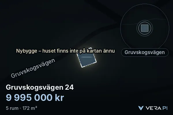 VERA PI's image of Gruvskogsvägen 24: the building in 3D, lit in blue, and the map around it