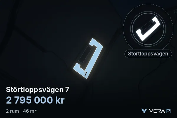 VERA PI's image of Störtloppsvägen 7: the building in 3D, lit in blue, and the map around it