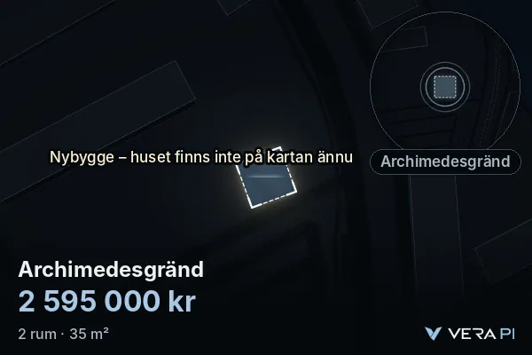 VERA PI:s bild av Archimedesgränd: huset i 3D, upplyst i blått, och kartan runt omkring