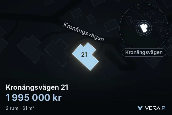 VERA PI's image of Kronängsvägen 21: the building in 3D, lit in blue, and the map around it