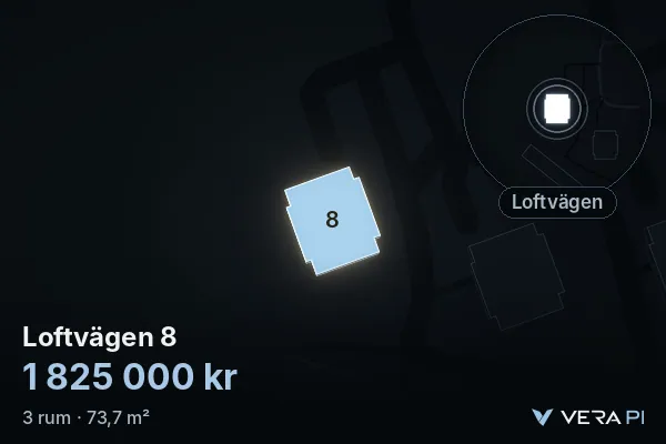 VERA PI:s bild av Loftvägen 8: huset i 3D, upplyst i blått, och kartan runt omkring