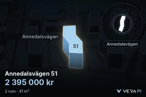VERA PI's image of Annedalsvägen 51: the building in 3D, lit in blue, and the map around it