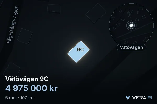 VERA PI's image of Vätövägen 9C: the building in 3D, lit in blue, and the map around it