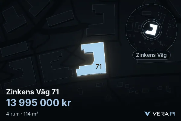 VERA PI:s bild av Zinkens Väg 71: huset i 3D, upplyst i blått, och kartan runt omkring