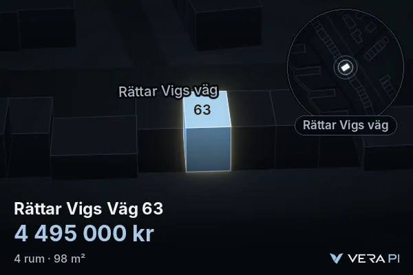 VERA PI:s bild av Rättar Vigs Väg 63: huset i 3D, upplyst i blått, och kartan runt omkring
