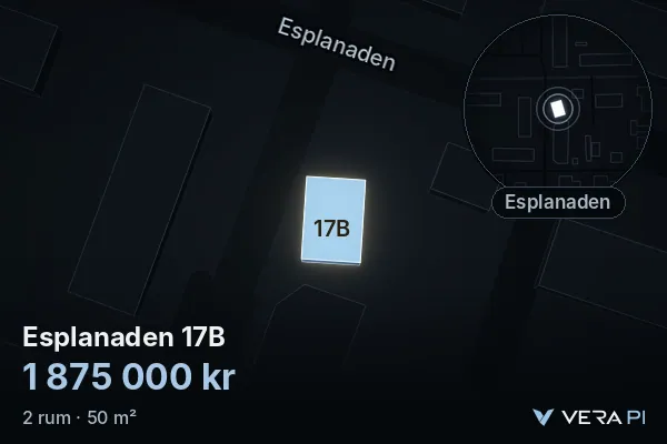 VERA PI:s bild av Esplanaden 17B: huset i 3D, upplyst i blått, och kartan runt omkring
