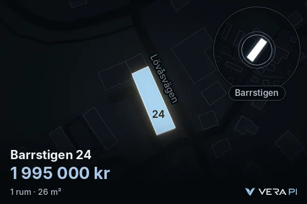 VERA PI:s bild av Barrstigen 24: huset i 3D, upplyst i blått, och kartan runt omkring