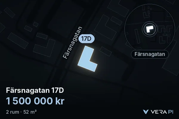 VERA PI:s bild av Färsnagatan 17D: huset i 3D, upplyst i blått, och kartan runt omkring