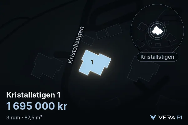 VERA PI:s bild av Kristallstigen 1: huset i 3D, upplyst i blått, och kartan runt omkring