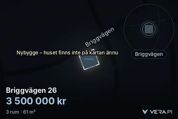 VERA PI:s bild av Briggvägen 26: huset i 3D, upplyst i blått, och kartan runt omkring