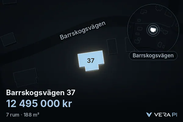 VERA PI's image of Barrskogsvägen 37: the building in 3D, lit in blue, and the map around it