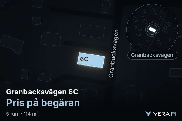 VERA PI:s bild av Granbacksvägen 6C: huset i 3D, upplyst i blått, och kartan runt omkring