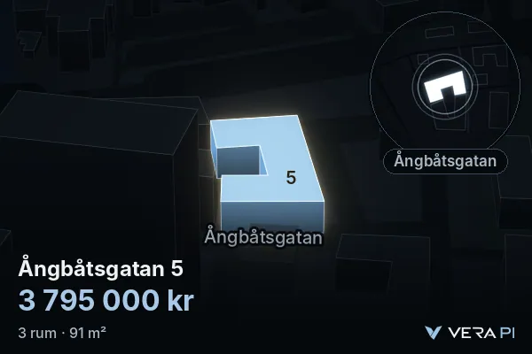 VERA PI's image of Ångbåtsgatan 5: the building in 3D, lit in blue, and the map around it