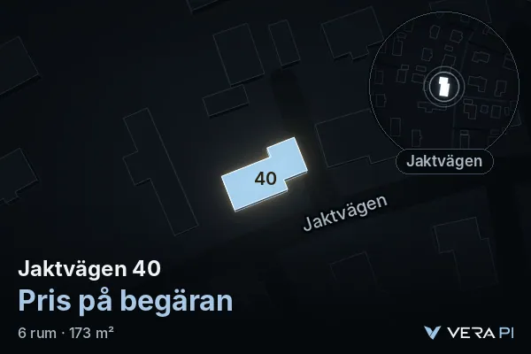 VERA PI's image of Jaktvägen 40: the building in 3D, lit in blue, and the map around it