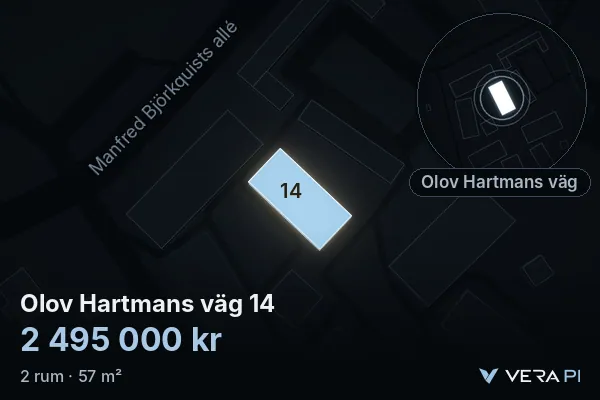 VERA PI:s bild av Olov Hartmans väg 14: huset i 3D, upplyst i blått, och kartan runt omkring