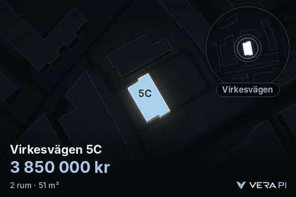 VERA PI:s bild av Virkesvägen 5C: huset i 3D, upplyst i blått, och kartan runt omkring