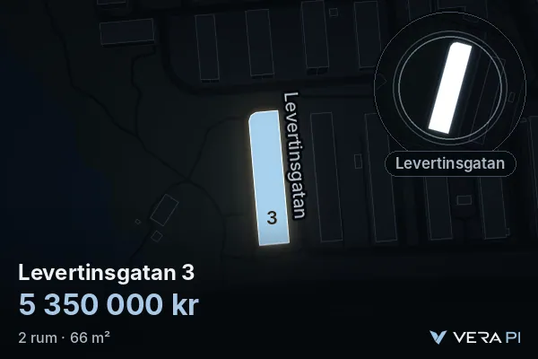 VERA PI:s bild av Levertinsgatan 3: huset i 3D, upplyst i blått, och kartan runt omkring