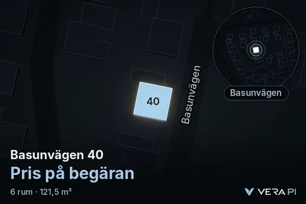 VERA PI's image of Basunvägen 40: the building in 3D, lit in blue, and the map around it
