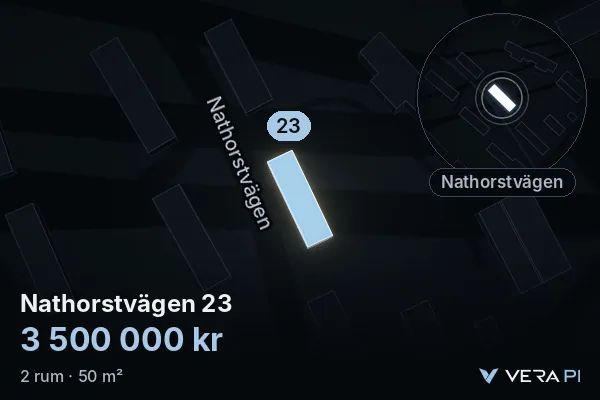VERA PI:s bild av Nathorstvägen 23: huset i 3D, upplyst i blått, och kartan runt omkring