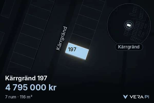VERA PI:s bild av Kärrgränd 197: huset i 3D, upplyst i blått, och kartan runt omkring